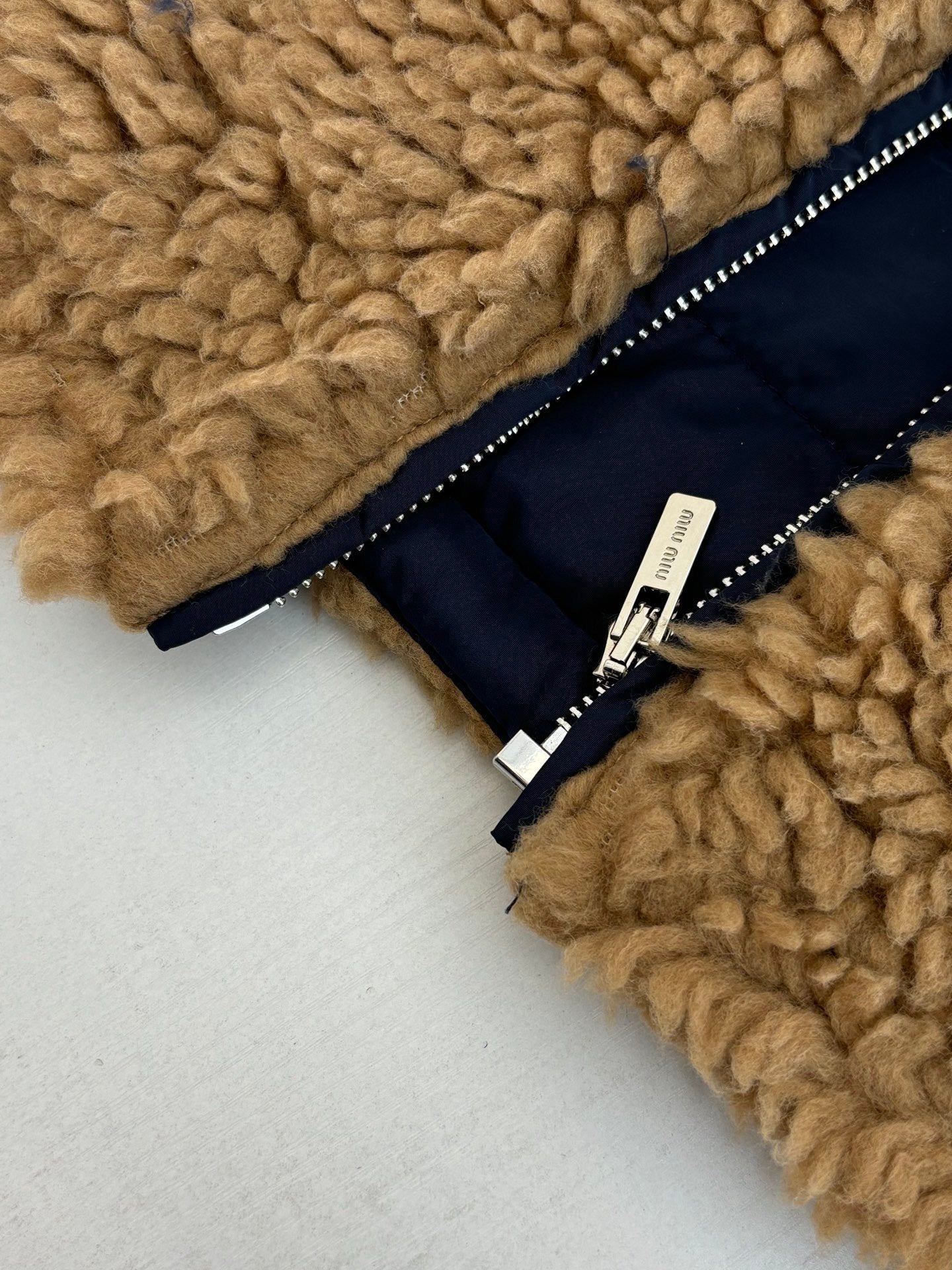 Miu Miu Reversible Teddy Down with Technical Pongé "Camel" and "Blue"