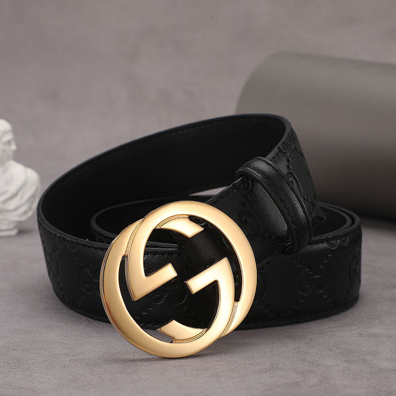 Gucci Leather Belt with Interlocking G buckle "Black-Gold"