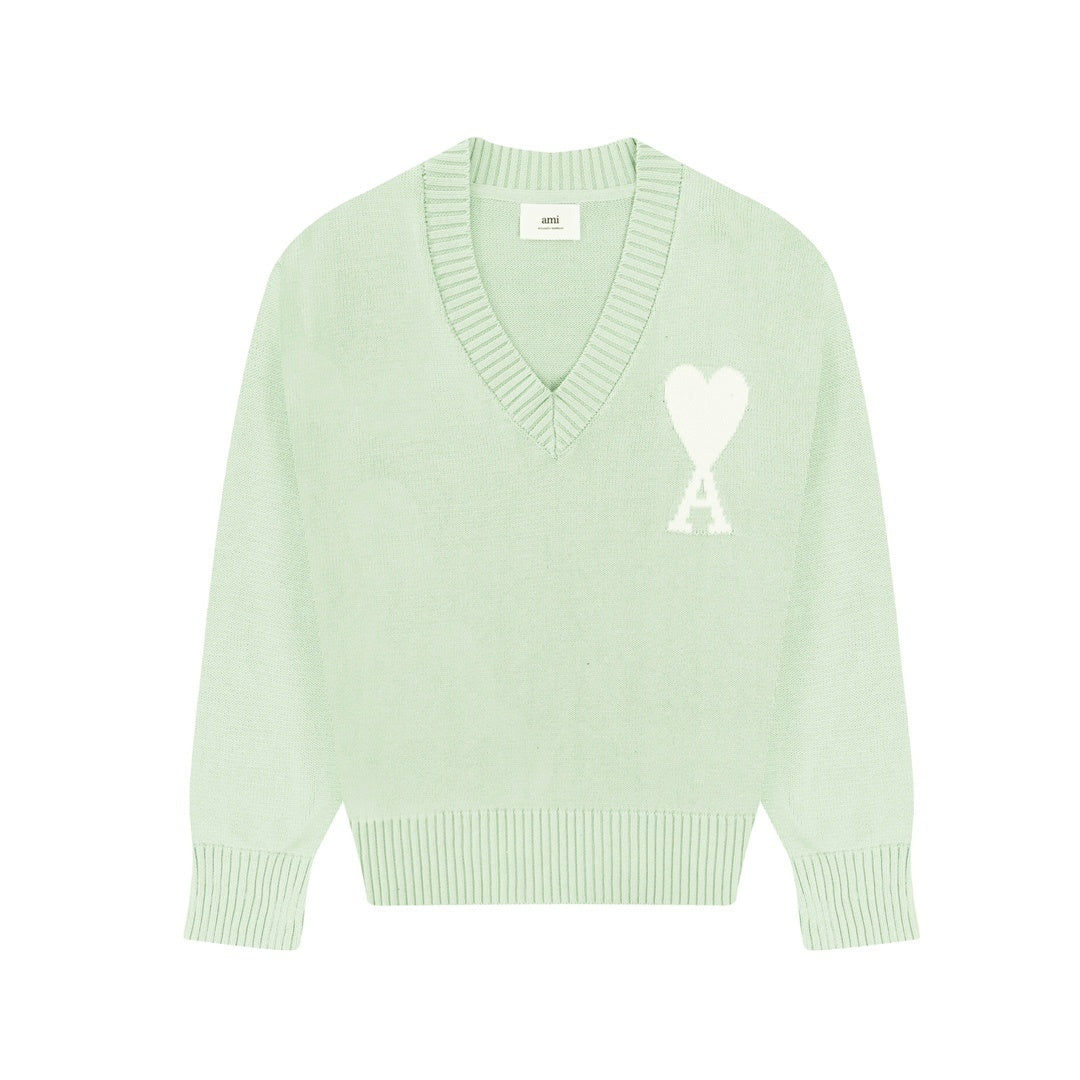 AMI Paris Ami De Coeur Slim-Fit V-Neck Sweater "Pastel Green"