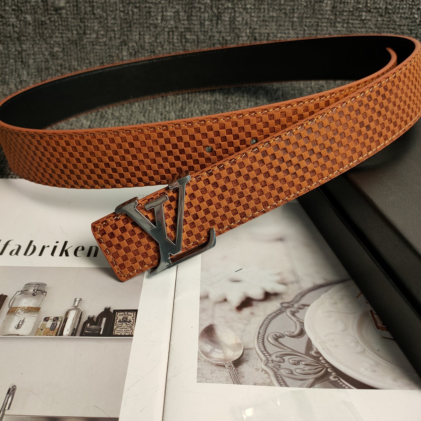 Louis Vuitton Leather Belt "Orange-Silver"