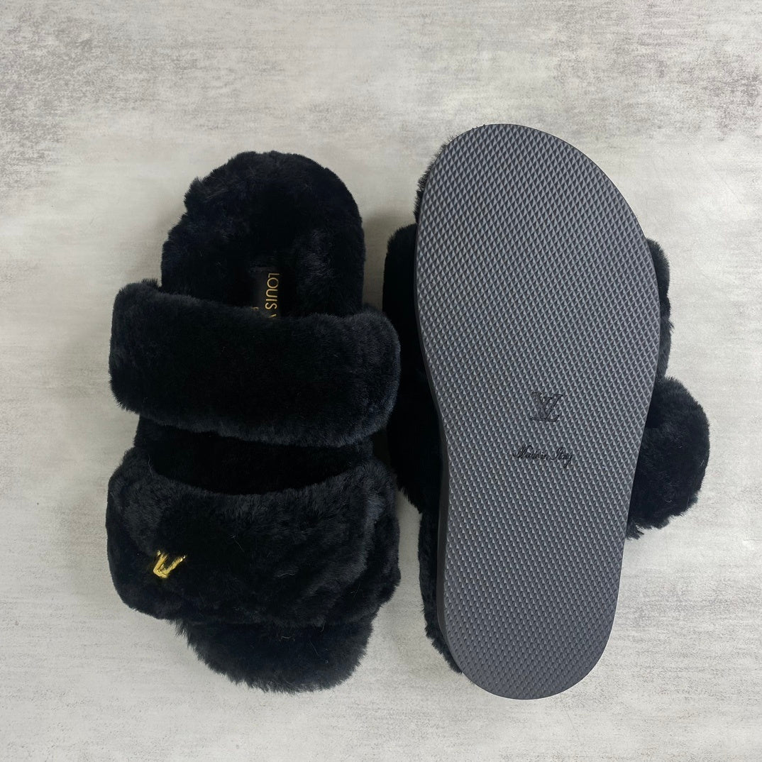 Louis Vuitton Sunset Comfort Nude Shearling Flat Mules "Black"