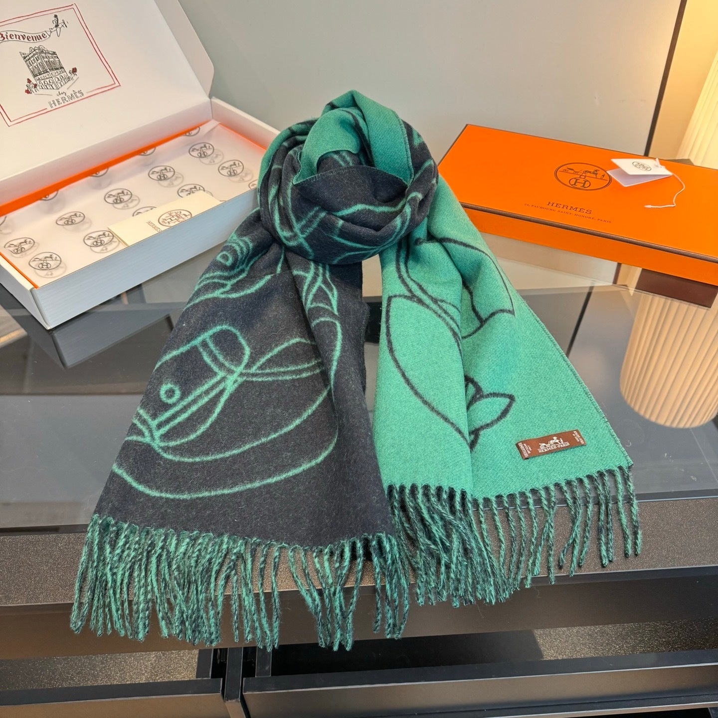 Hermes Casaque Entrelacs Equestres Scarf "Grey-Mint"