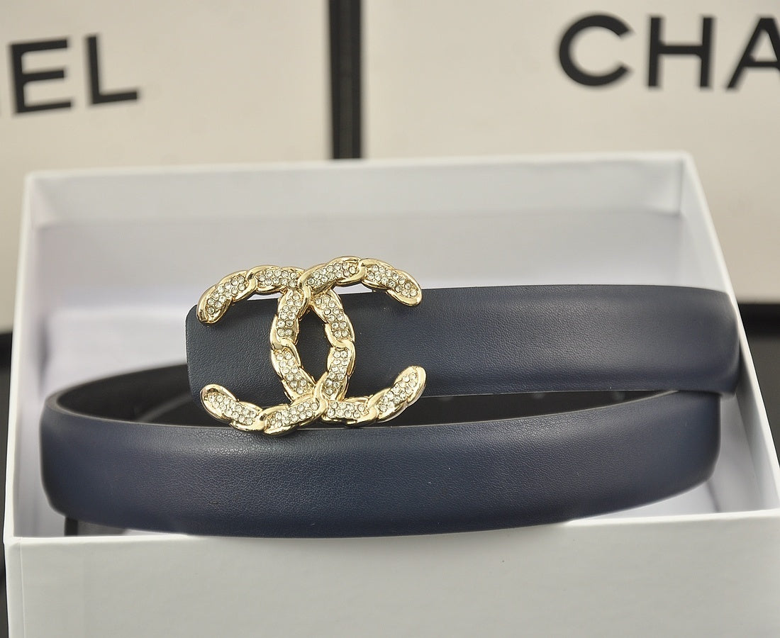Chanel Leather Belt "Navy Blue-Gold"