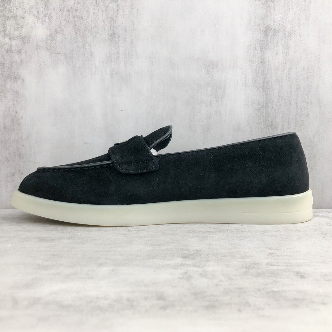 Prada Logo-Plaque Suede Loafers "Black"