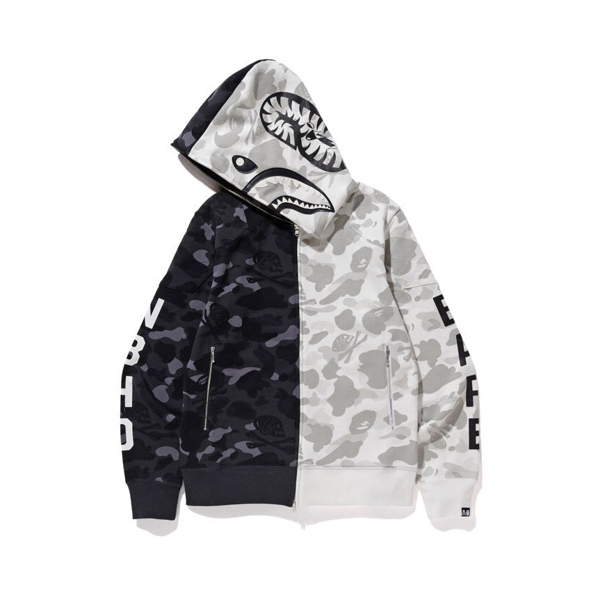 BAPE x Neighborhood Split Camo Shark Full Zip Hoodie "Black/White"