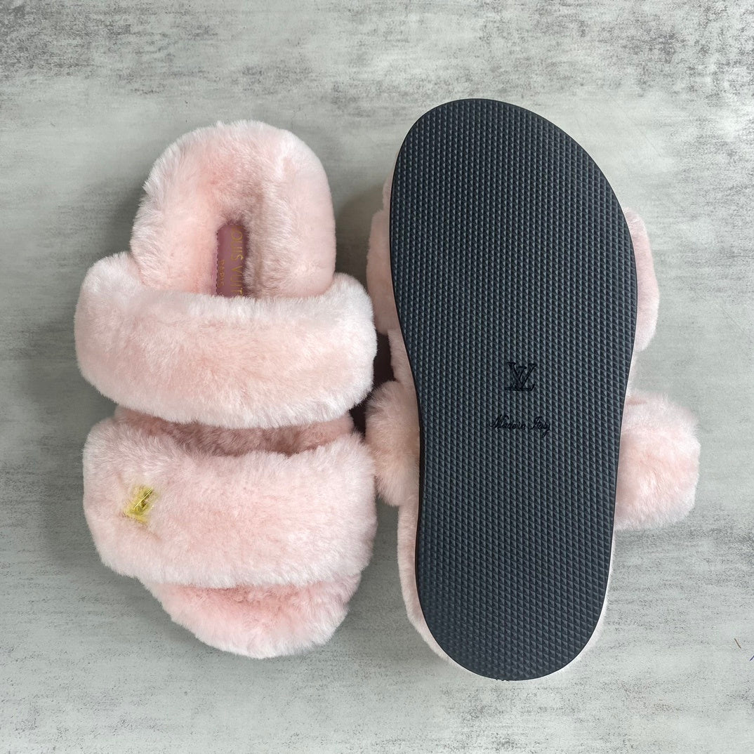 Louis Vuitton Sunset Comfort Nude Shearling Flat Mules "Pink"