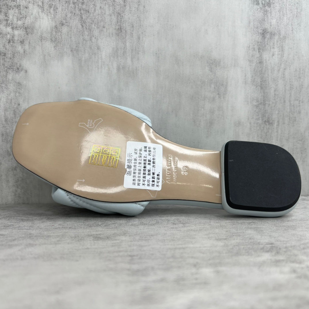 Miu Miu Logo Matelassé Leather Slides "Light Blue"