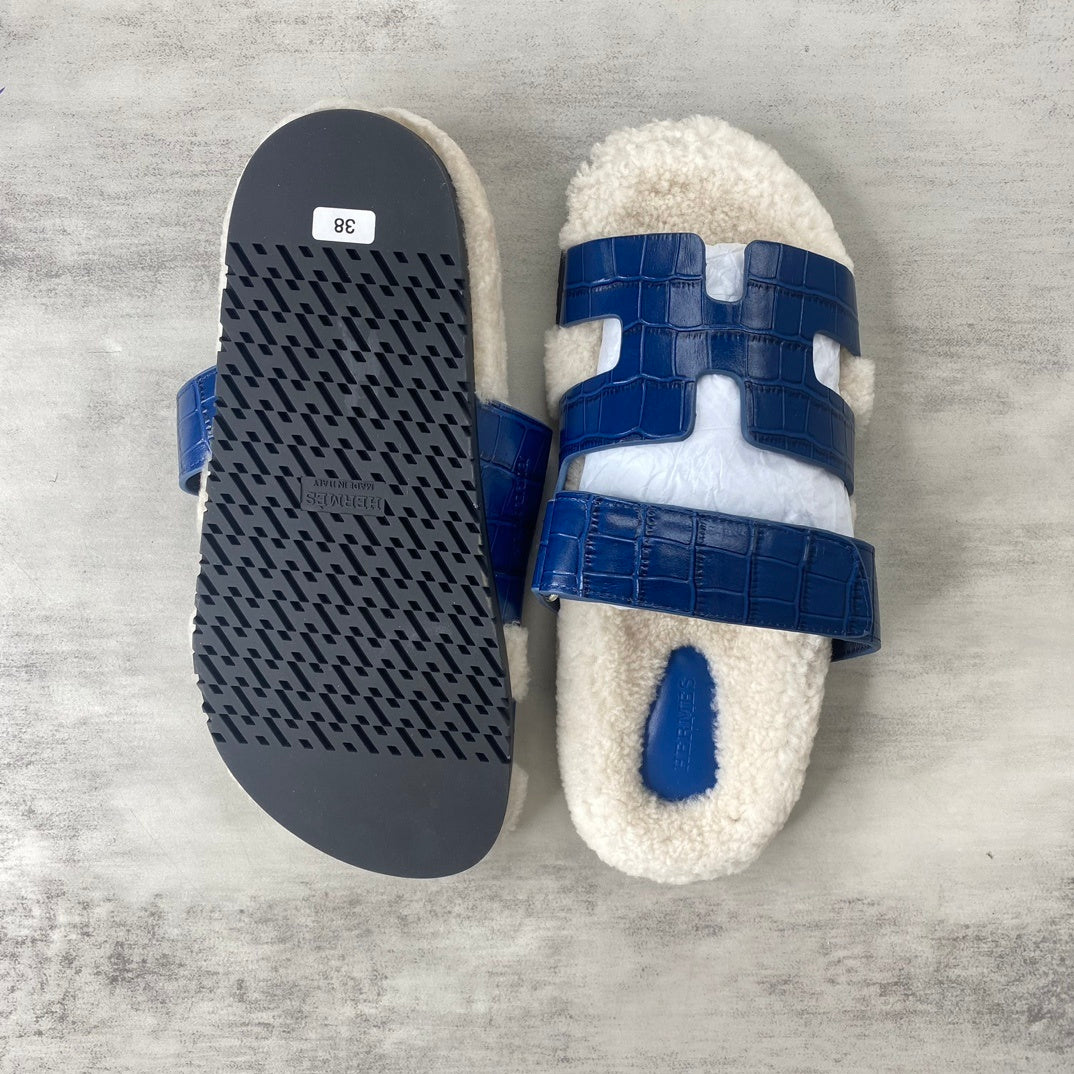 Hermes Chypre Sandals "Blue Crocodile Pattern"