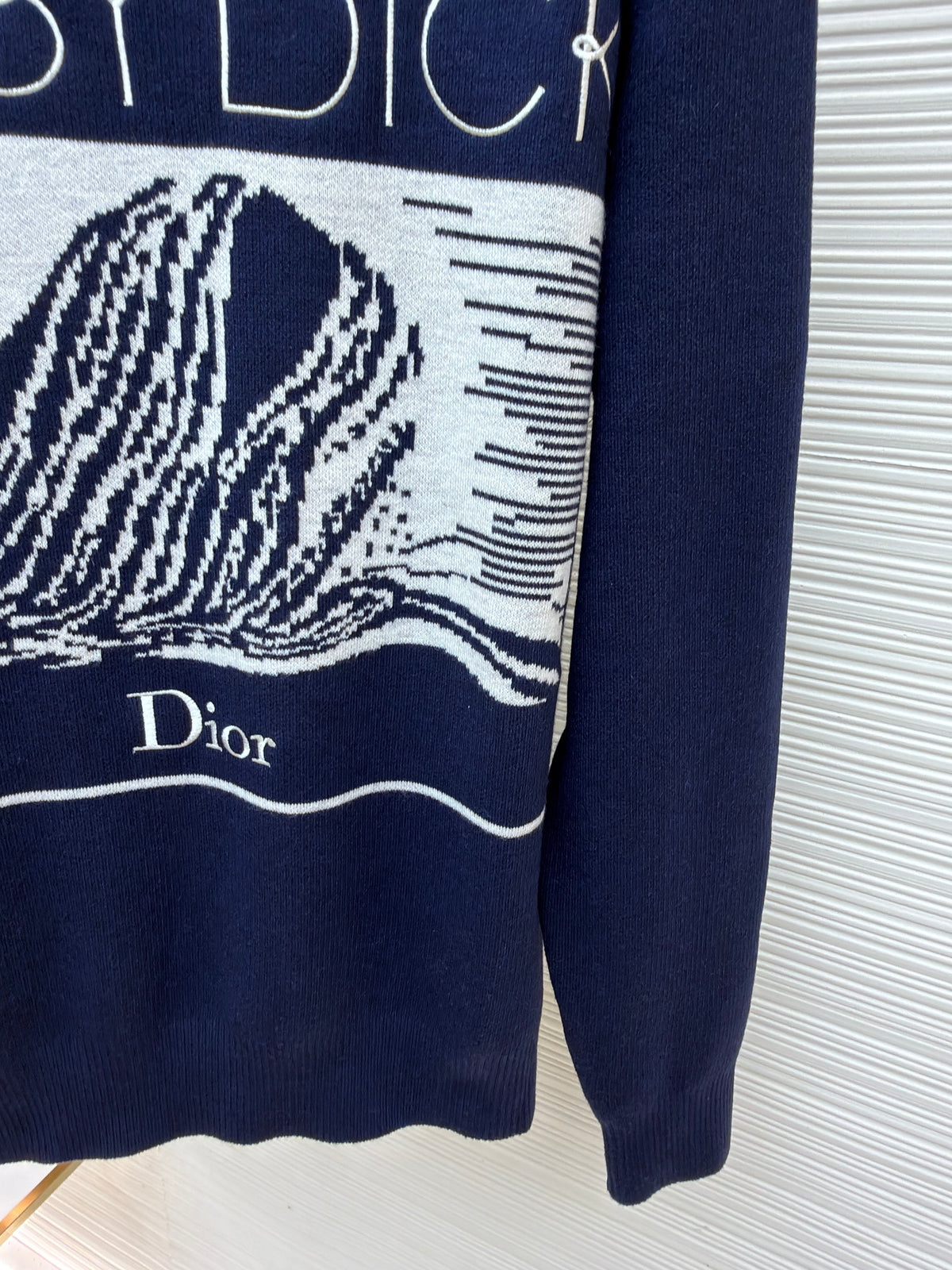 Dior Sweater with Book Cover Embroidery and Intarsia "Navy Blue Wool-Cotton-Alpaca-Blend Intarsia"