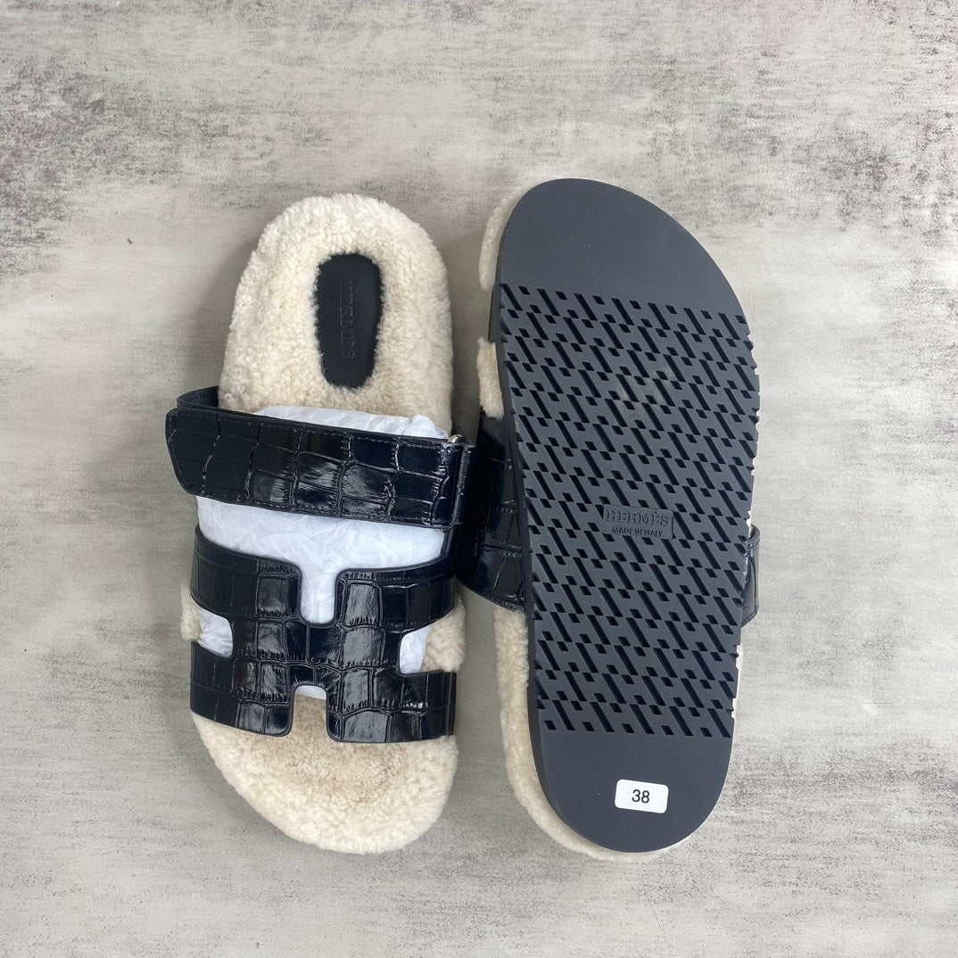 Hermes Chypre Sandals "Black Crocodile Pattern"