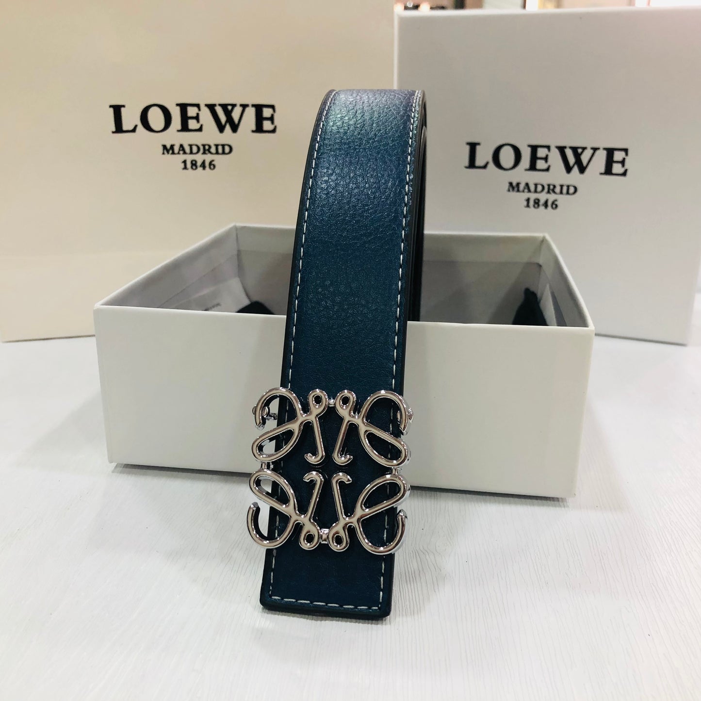 Loewe Anagram Leather Belt "Blue-Silver"