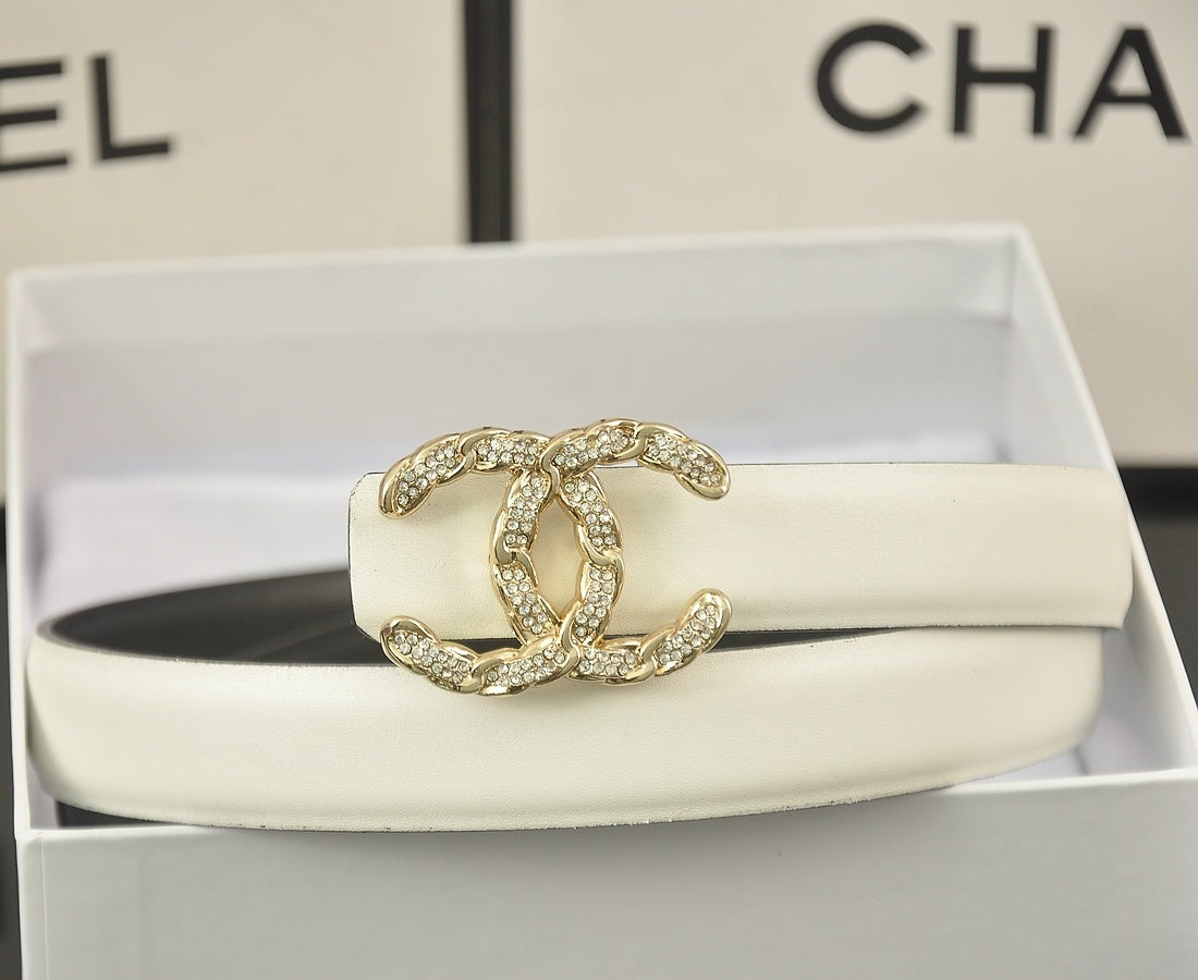 Chanel Crystal CC Leather Belt "White-Gold"