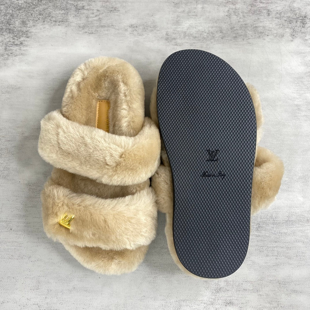 Louis Vuitton Sunset Comfort Nude Shearling Flat Mules "Beige"