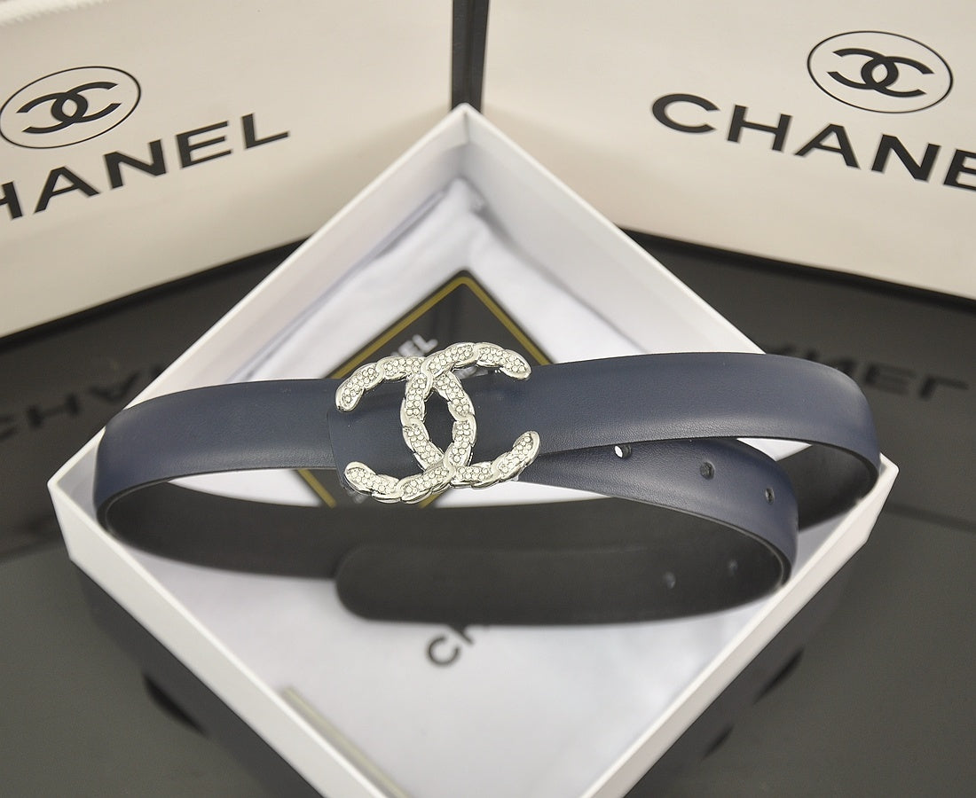 Chanel Leather Belt "Navy Blue-Silver"