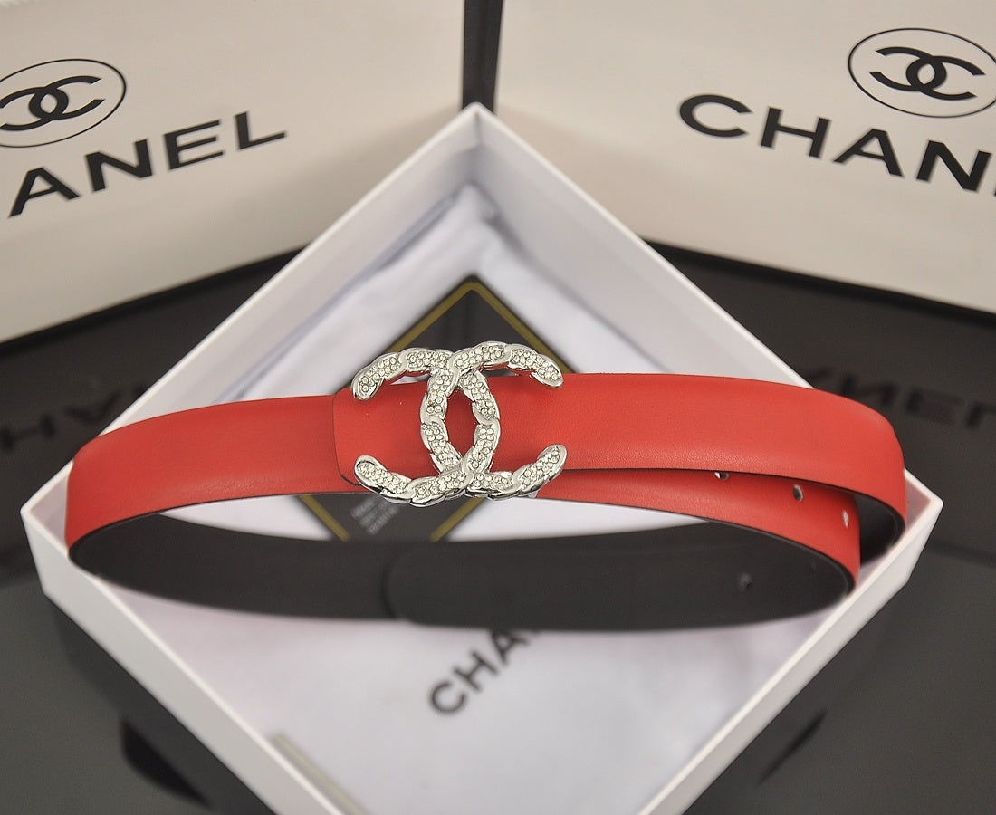 Chanel Crystal CC Leather Belt "Red-Silver"