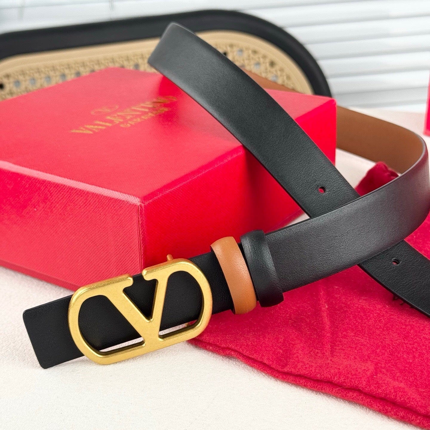 Valentino VLogo Signature Reversible 30mm Leather Belt "Camel" and "Black"