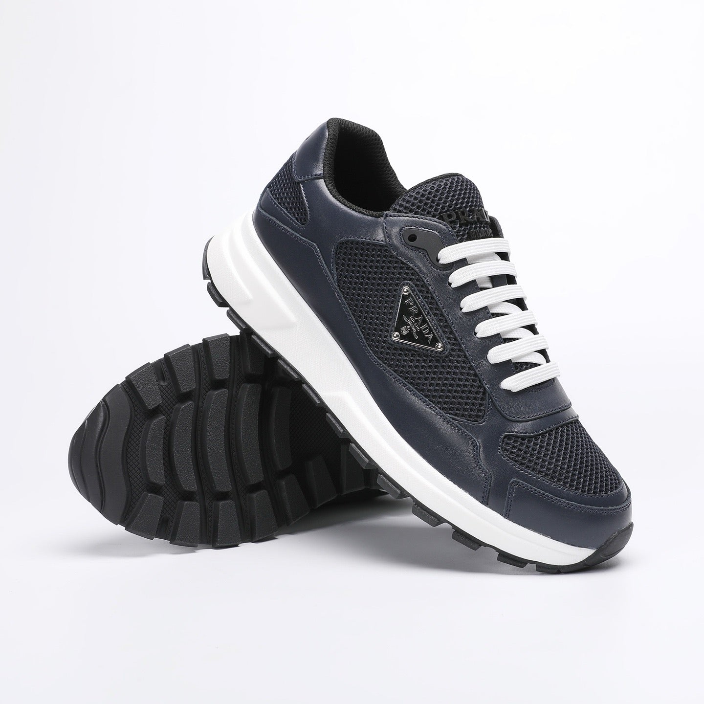 Prada Prax 02 Fabric and Brushed Leather Sneakers "Black-White"