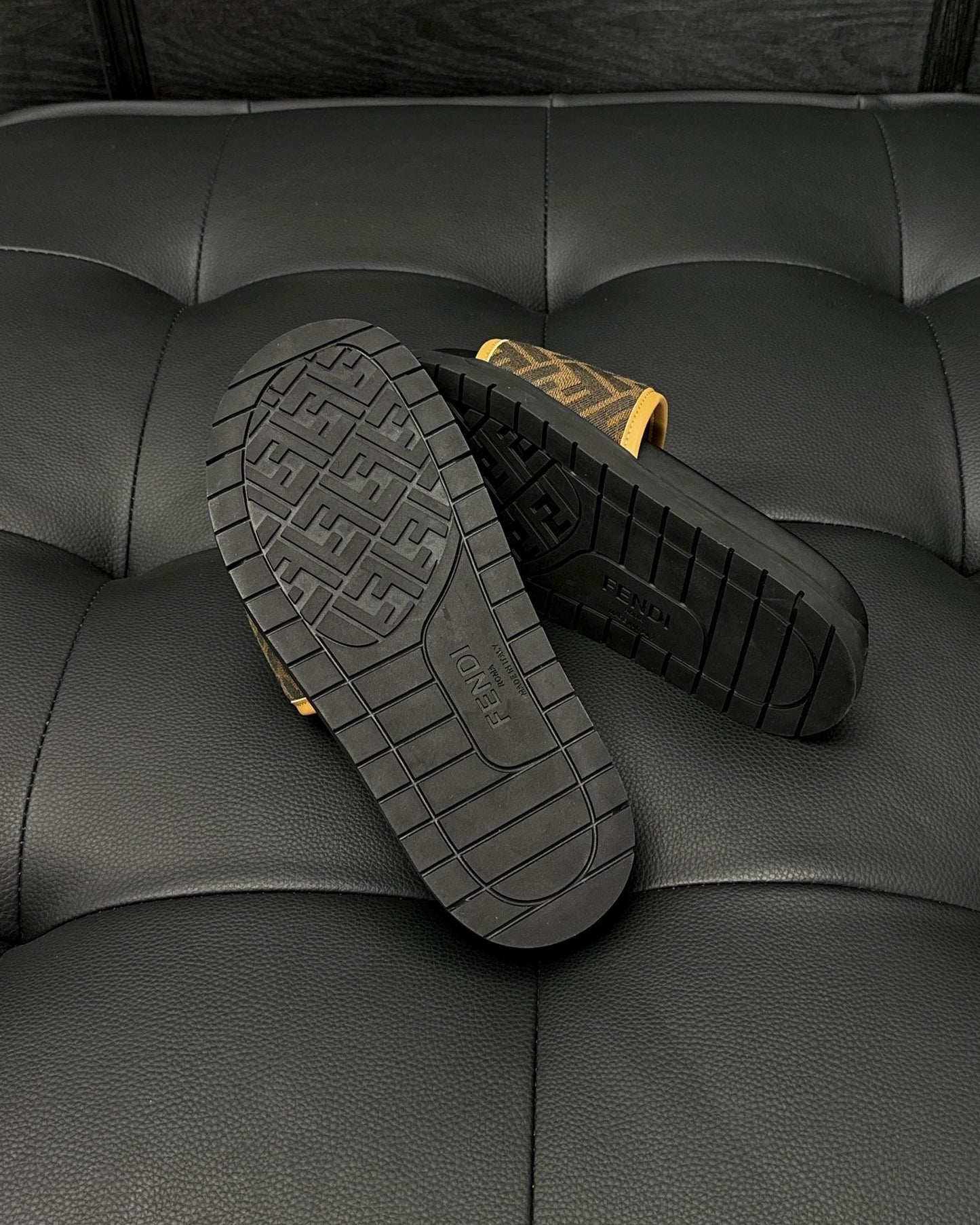 Fendi Diagonal Slides "Brown FF Jacquard and Yellow"