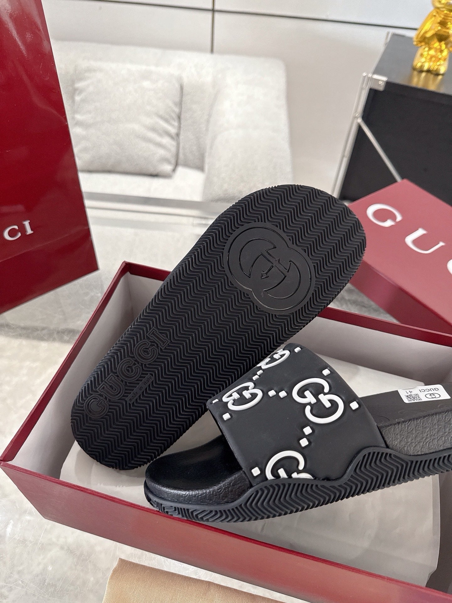 Gucci GG Rubber Slides "Black-White"