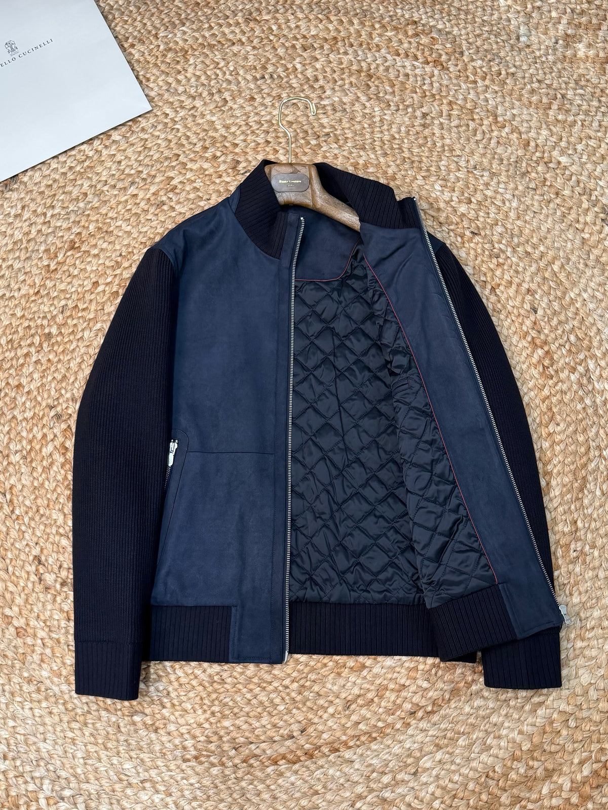 Brunello Cucinelli Suede and Wool Knit Bomber Jacket "Navy Blue"
