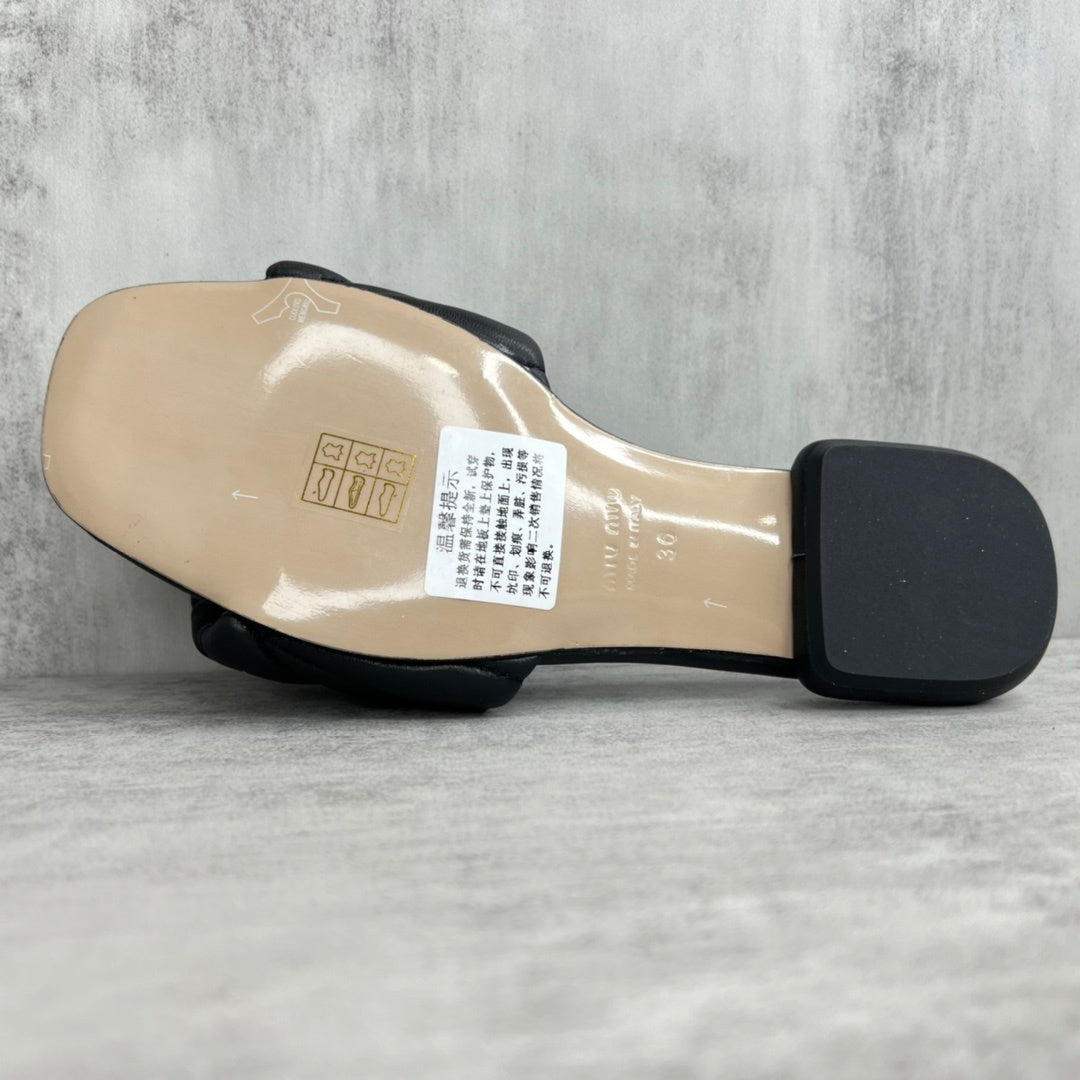 Miu Miu Logo Matelassé Leather Slides "Black"