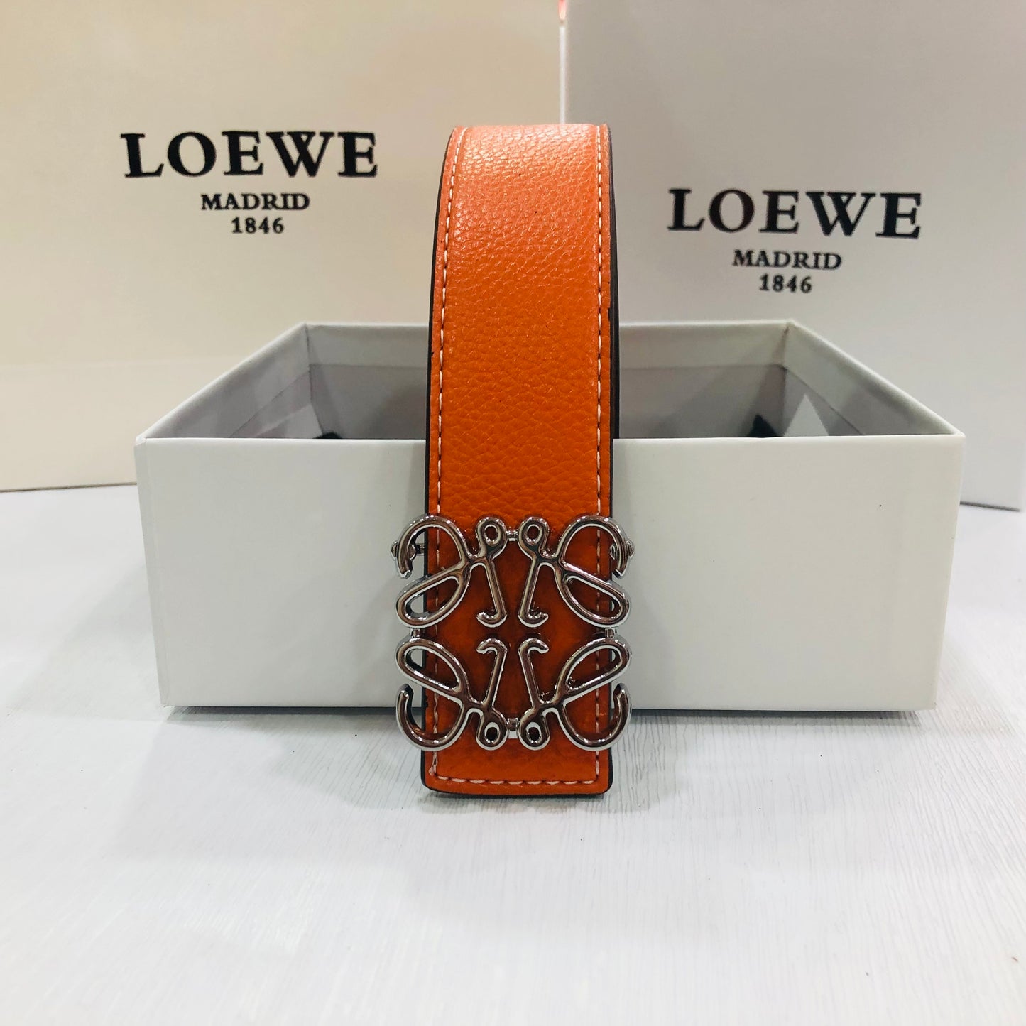 Loewe Anagram Leather Belt "Orange-Silver"