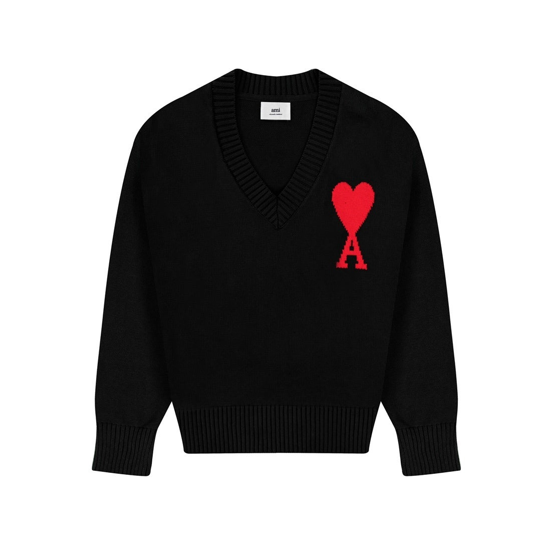 AMI Paris Ami De Coeur Slim-Fit V-Neck Sweater "Black"