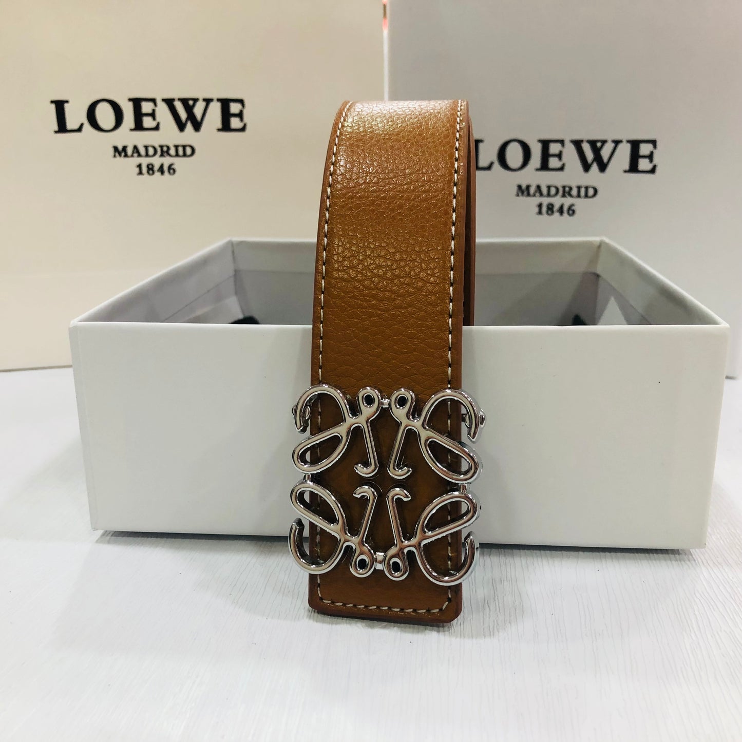 Loewe Anagram Leather Belt "Brown-Silver"