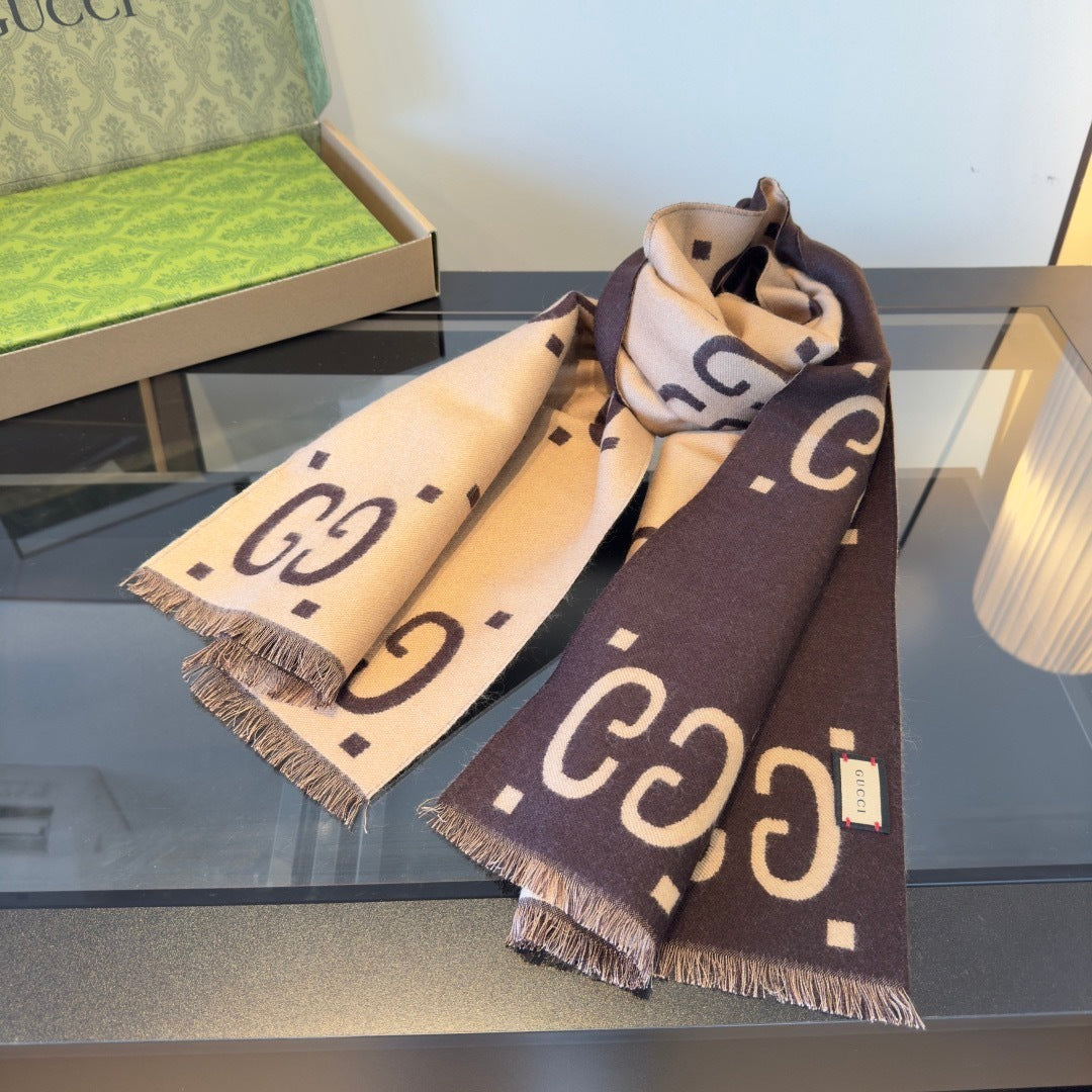 Gucci GG Jacuard Wool and Silk Scarf "Beige"