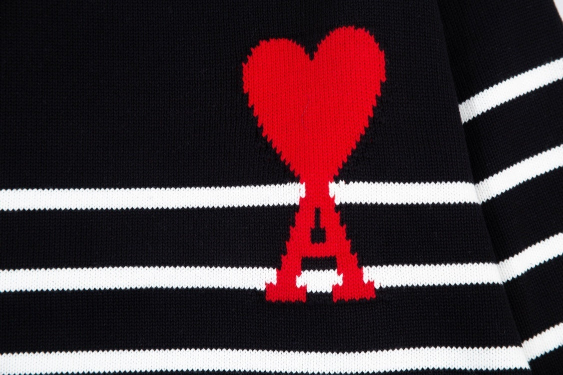 AMI Paris Ami De Coeur Funnel Neck Sweater "Black-White Stripes"