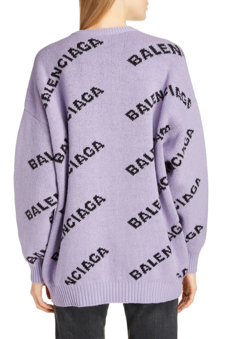 Balenciaga All-Over Logo Intarsia Knit Sweater "Lilac-Black"