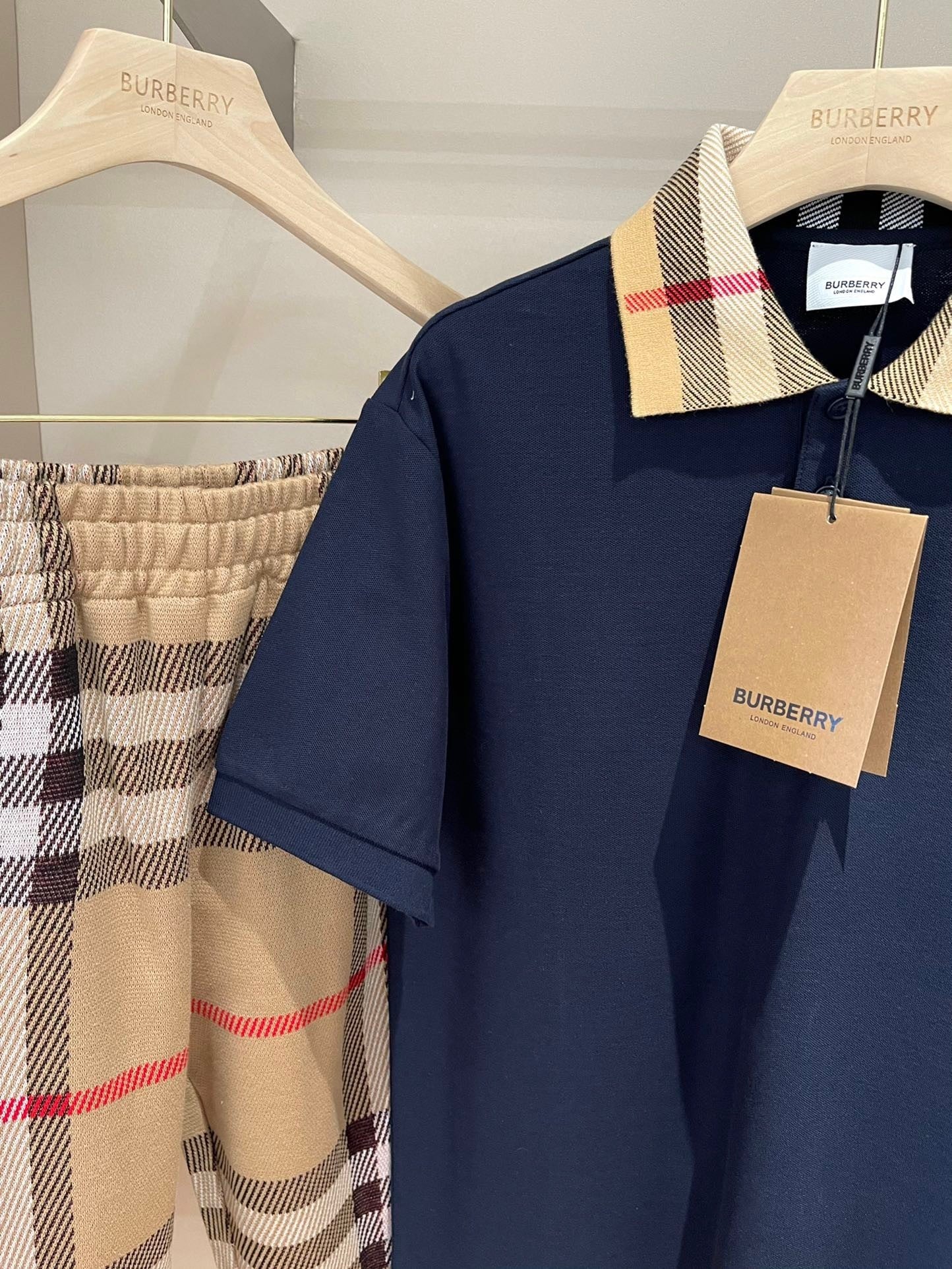 Burberry Check Collar Cotton Polo Shirt "Smoked Navy"