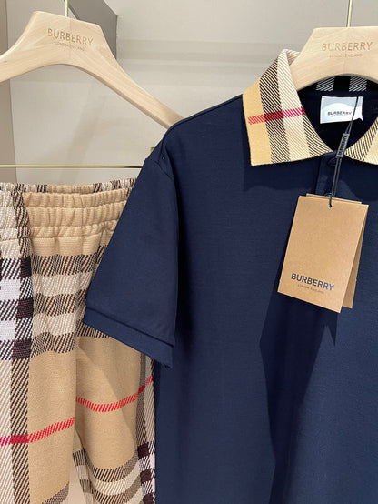 Burberry Check Collar Cotton Polo Shirt "Smoked Navy"