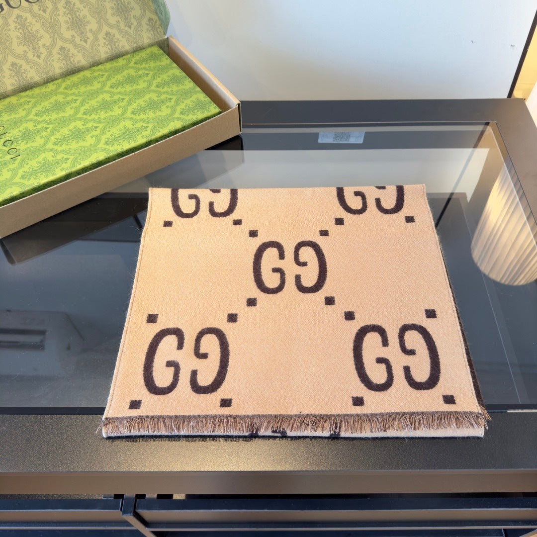 Gucci GG Jacuard Wool and Silk Scarf "Beige"