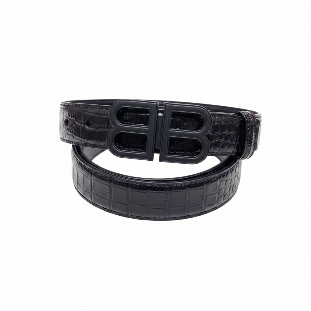 Balenciaga BB Logo Croc Effect Leather Belt "Black"