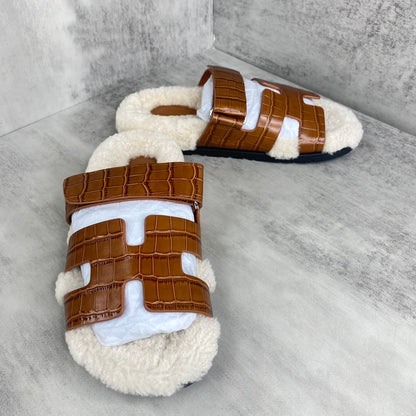 Hermes Chypre Sandals "Brown Crocodile Pattern"