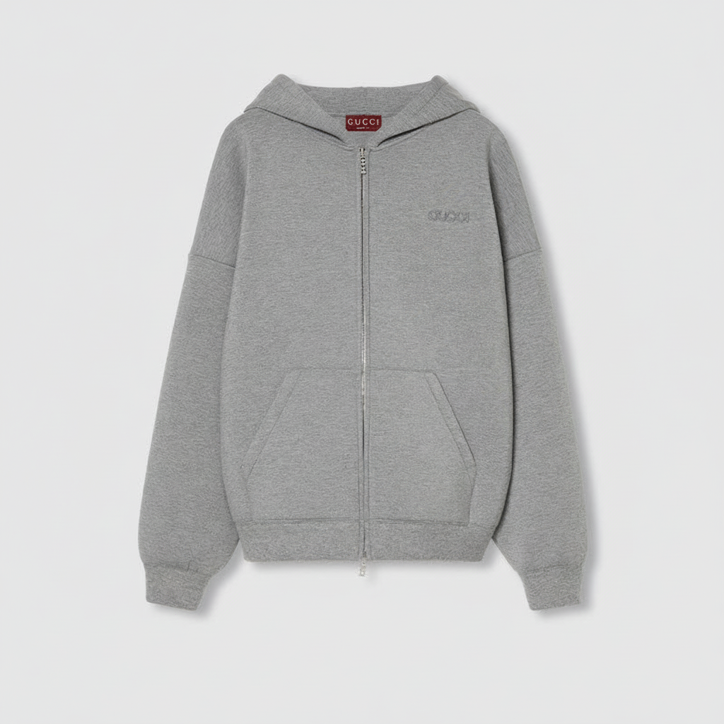 Gucci Viscose Jersey Zip Hoodie with Ebroidery "Grey"