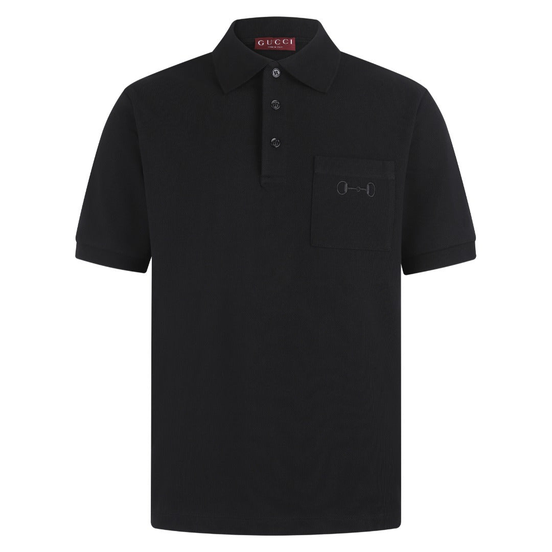 Gucci Cotton Piquet Polo Shirt with Horsebit Embroidery "Black"
