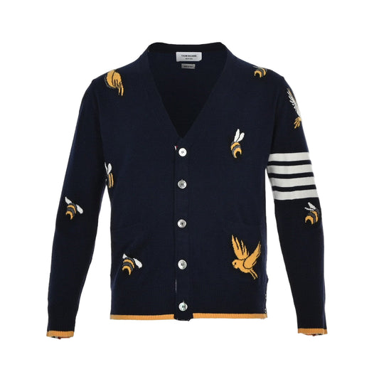 Thom Browne 4-Bar Bees and Birds Cardigan "Navy Blue"