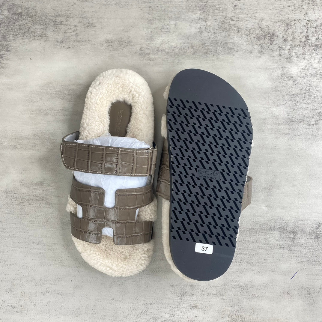 Hermes Chypre Sandals "Taupe Crocodile Pattern"