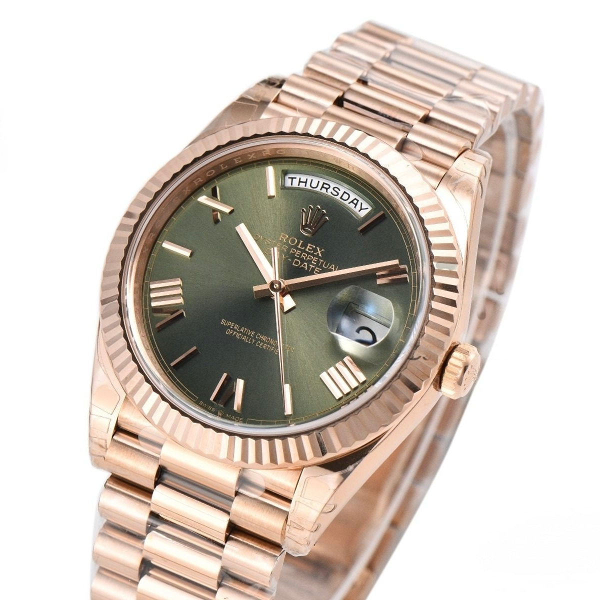 Rolex Day Date 40mm Rose Gold President Bracelet Green Roman Dial