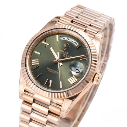 Rolex Day Date 40mm Rose Gold President Bracelet Green Roman Dial