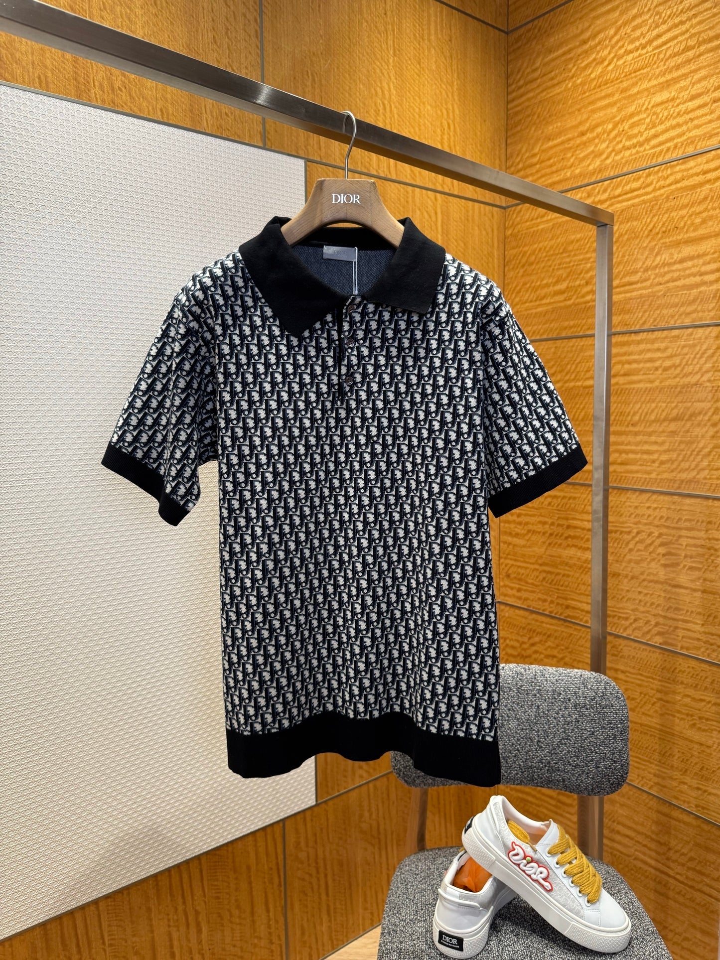 Dior Oblique Polo Shirt "Black , White and Blue Cotton Jacquard"