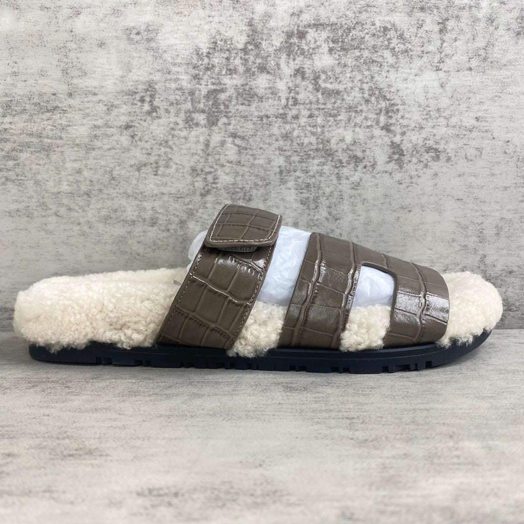 Hermes Chypre Sandals "Taupe Crocodile Pattern"