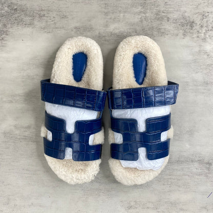 Hermes Chypre Sandals "Blue Crocodile Pattern"