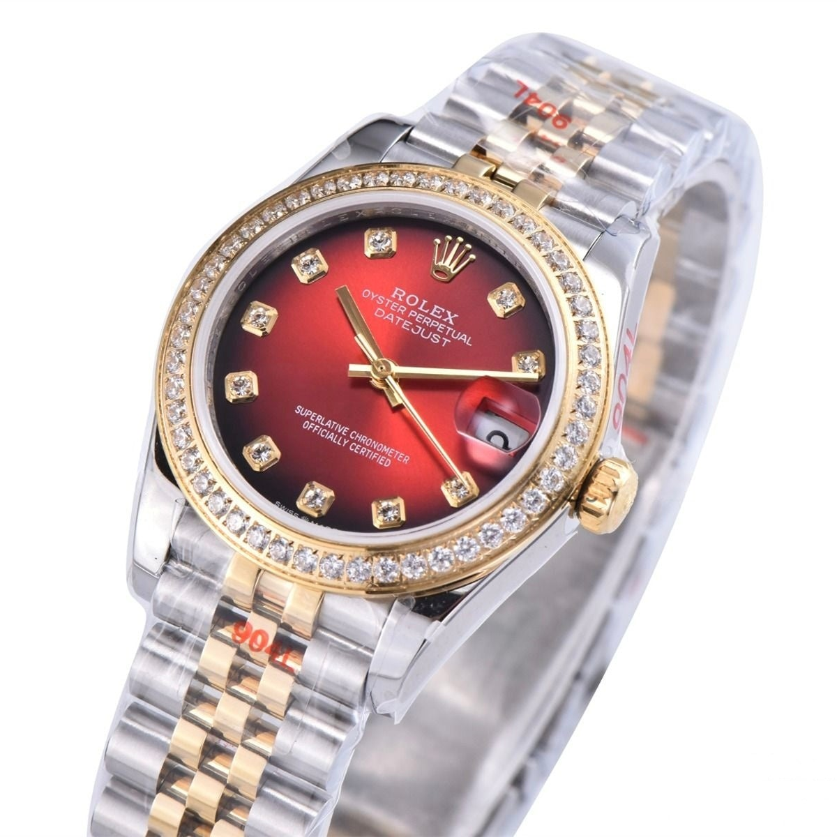 Rolex Date Just 31mm SS/YG Jubilee Bracelet Diamond Bezel Red Dial