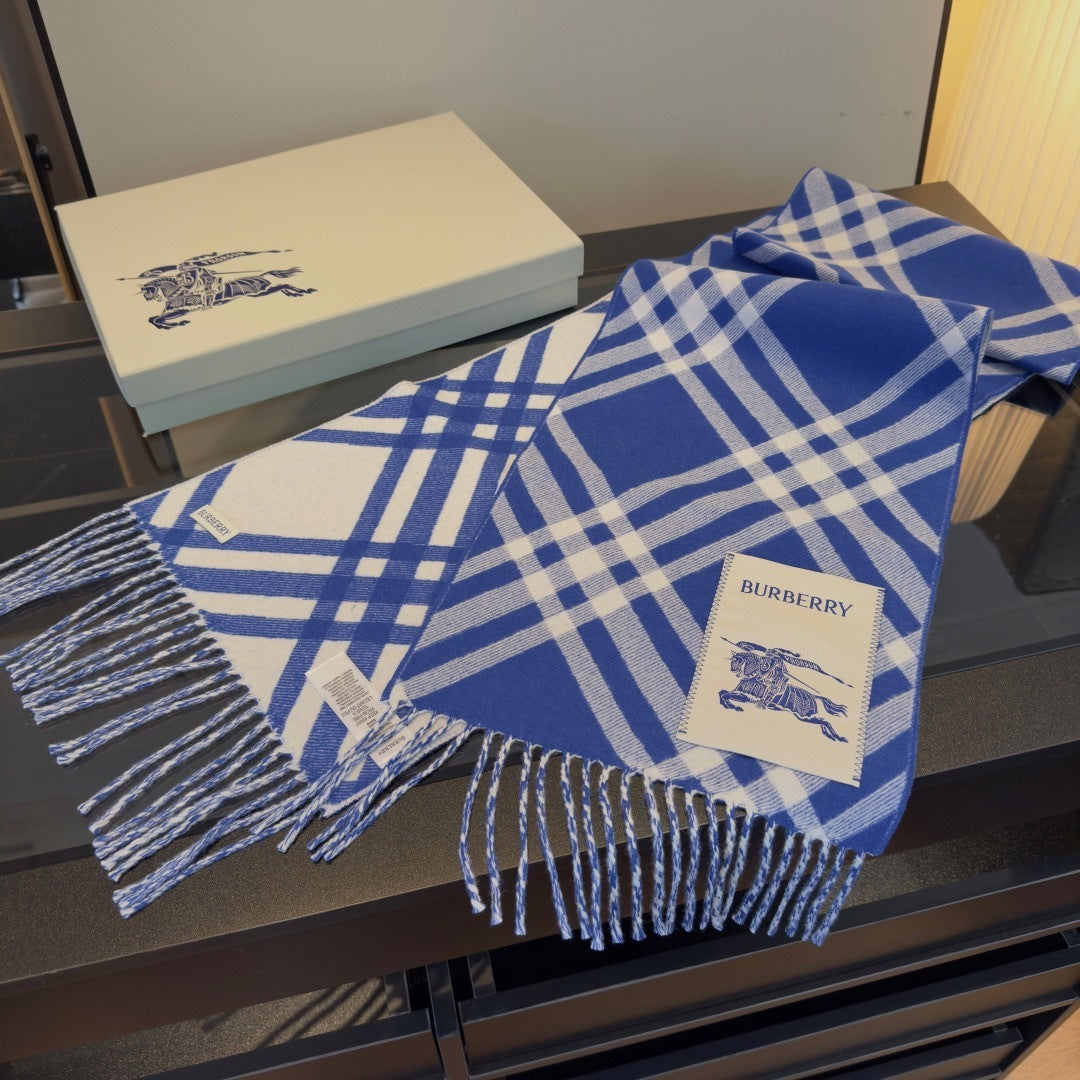 Burberry Check Cashmere Scarf "Blue-White"