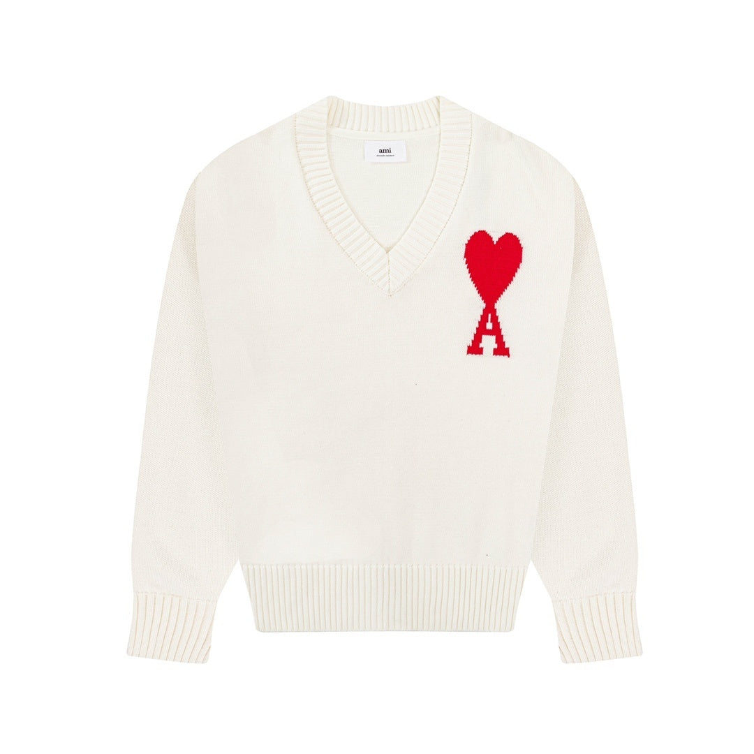 AMI Paris Ami De Coeur Slim-Fit V-Neck Sweater "White"
