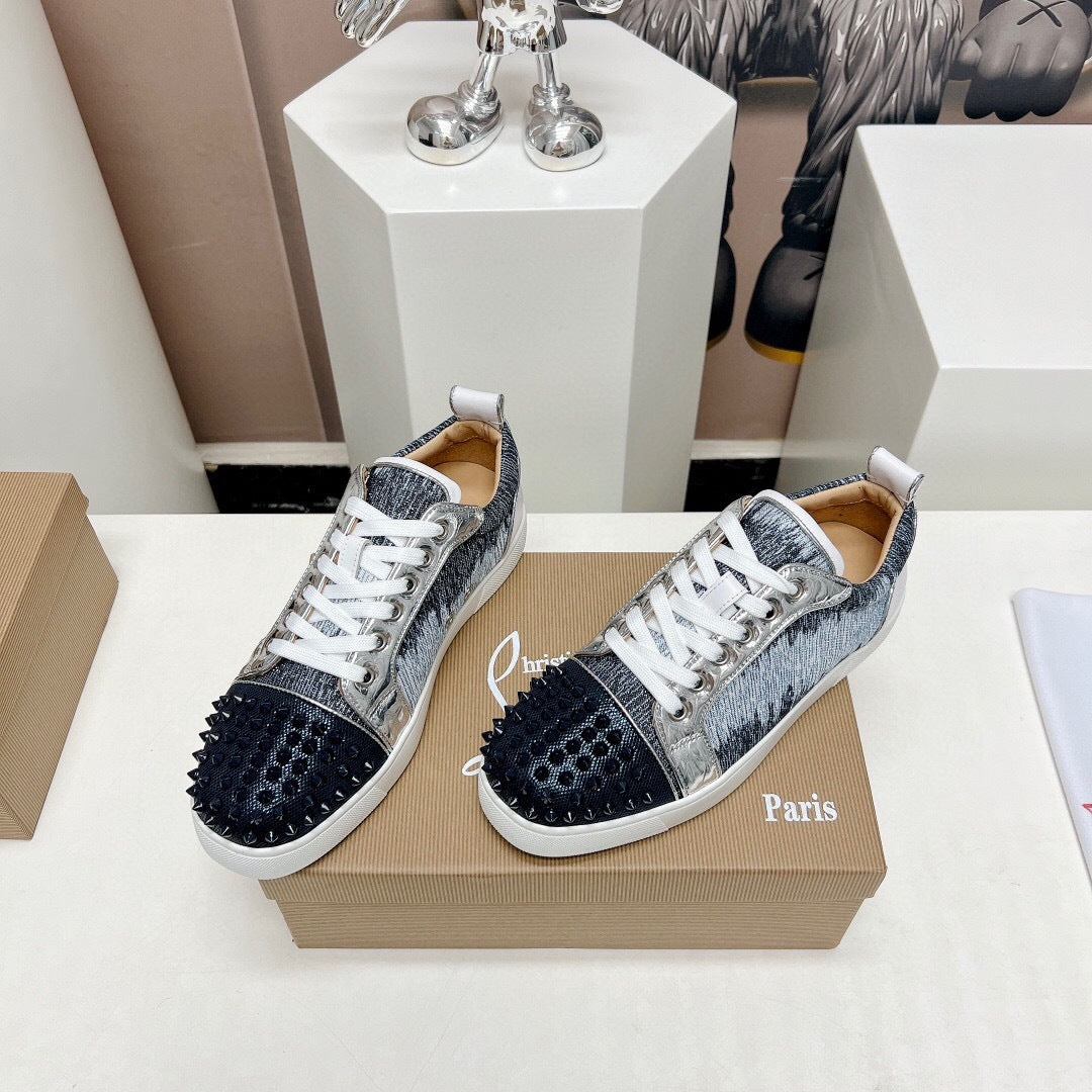 Chrisitian Louboutin Louis Junior Spikes Orlato Flat "Blue Ivoire"