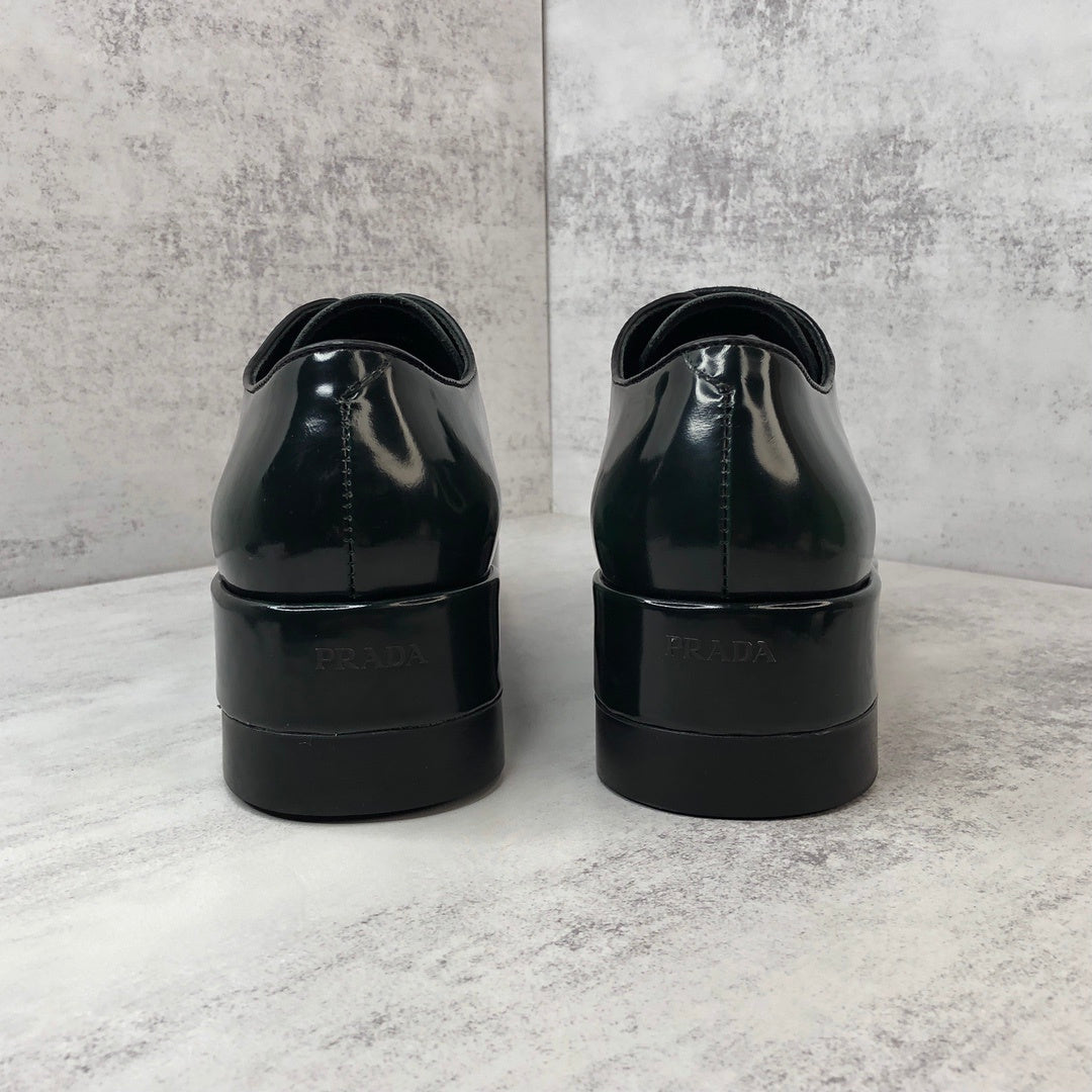 Prada Brushed Leather Derby Shoes "Green-Black"